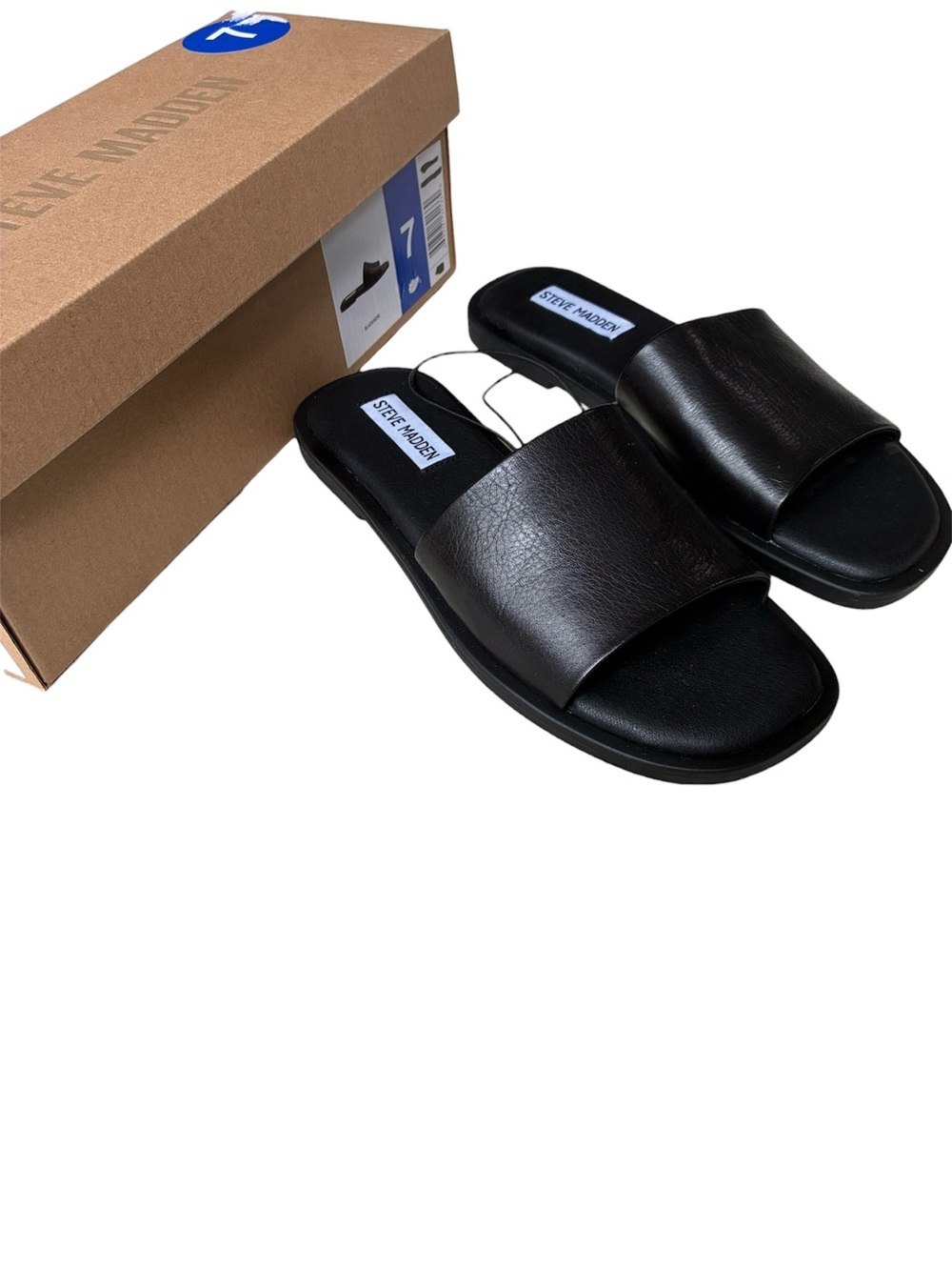 Steve Madden NIB Women’s Black Real Leather Flat Sandals Size 7 NEW IN BOX